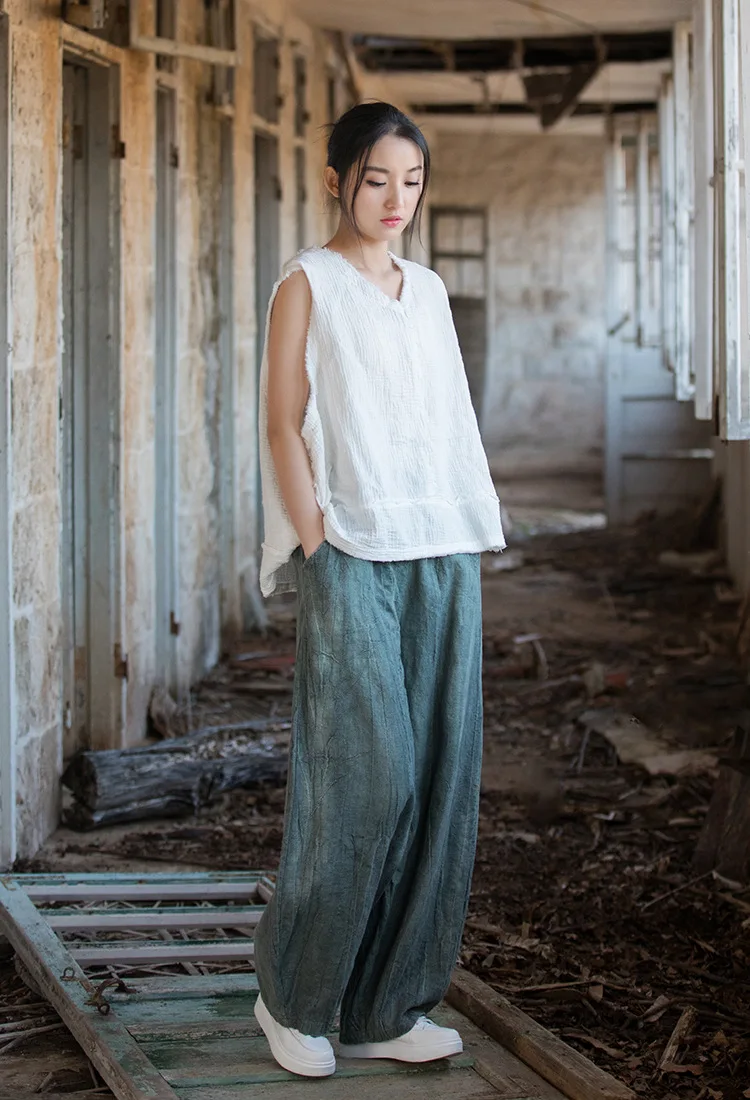 Women Elastic Waist Ramie Cotton Pants Ladies Vintage Spring Summer Trousers Female 2023 Bloomers