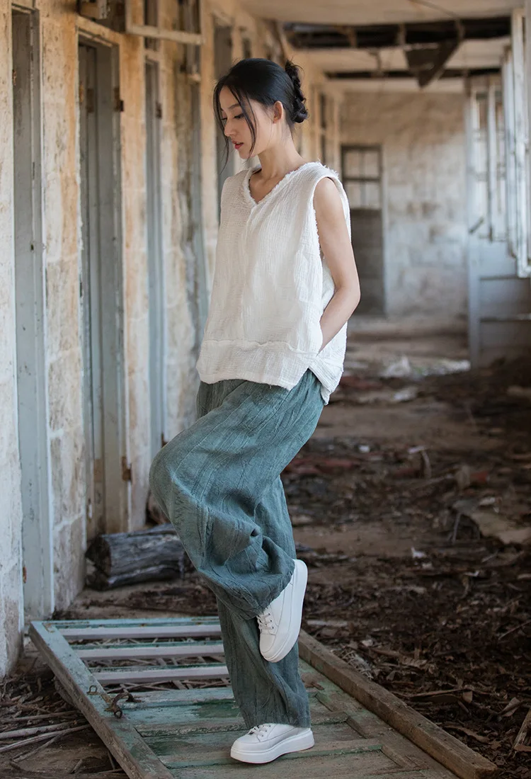 Women Elastic Waist Ramie Cotton Pants Ladies Vintage Spring Summer Trousers Female 2023 Bloomers