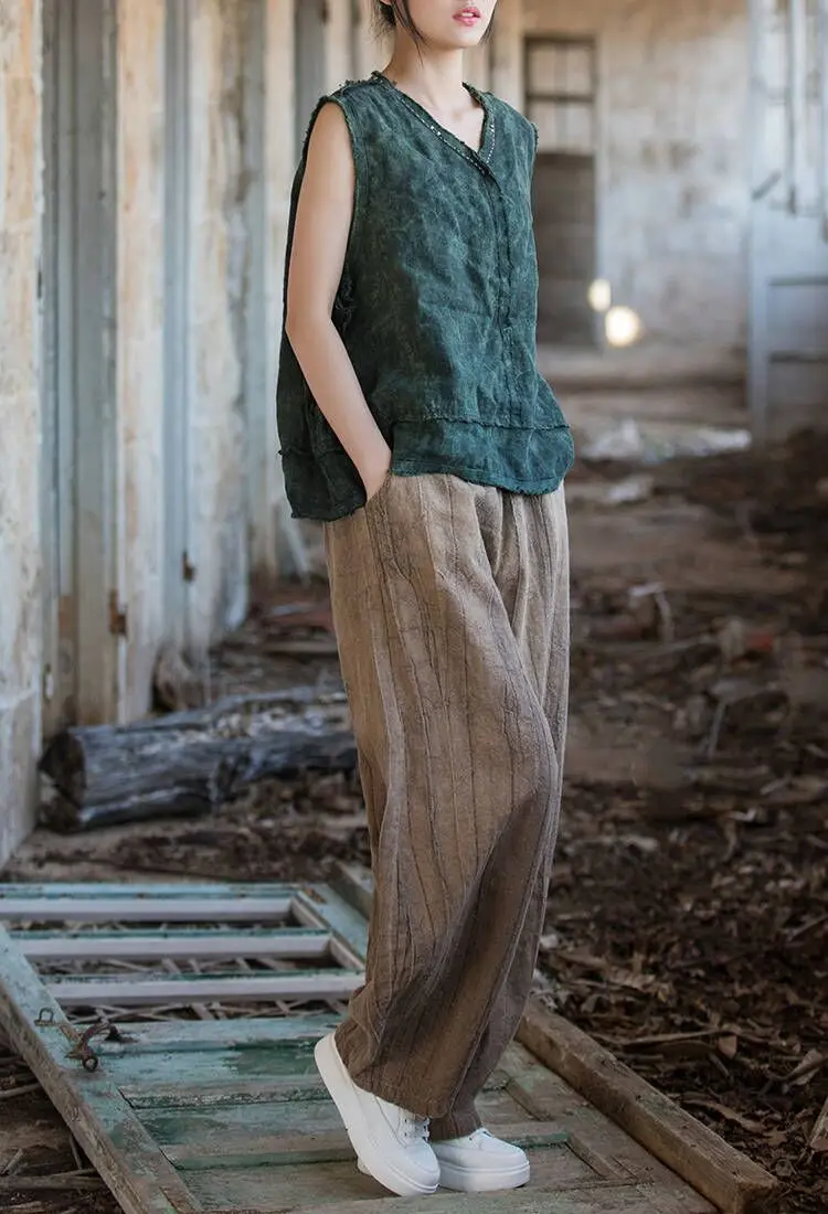 Women Elastic Waist Ramie Cotton Pants Ladies Vintage Spring Summer Trousers Female 2023 Bloomers