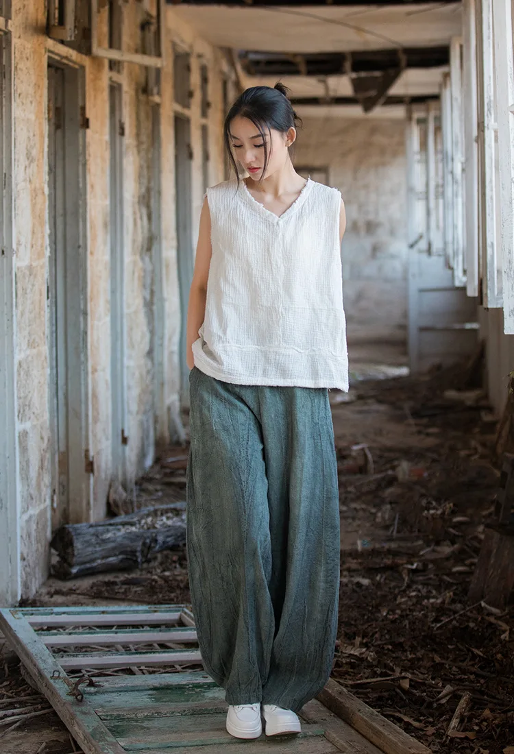 Women Elastic Waist Ramie Cotton Pants Ladies Vintage Spring Summer Trousers Female 2023 Bloomers