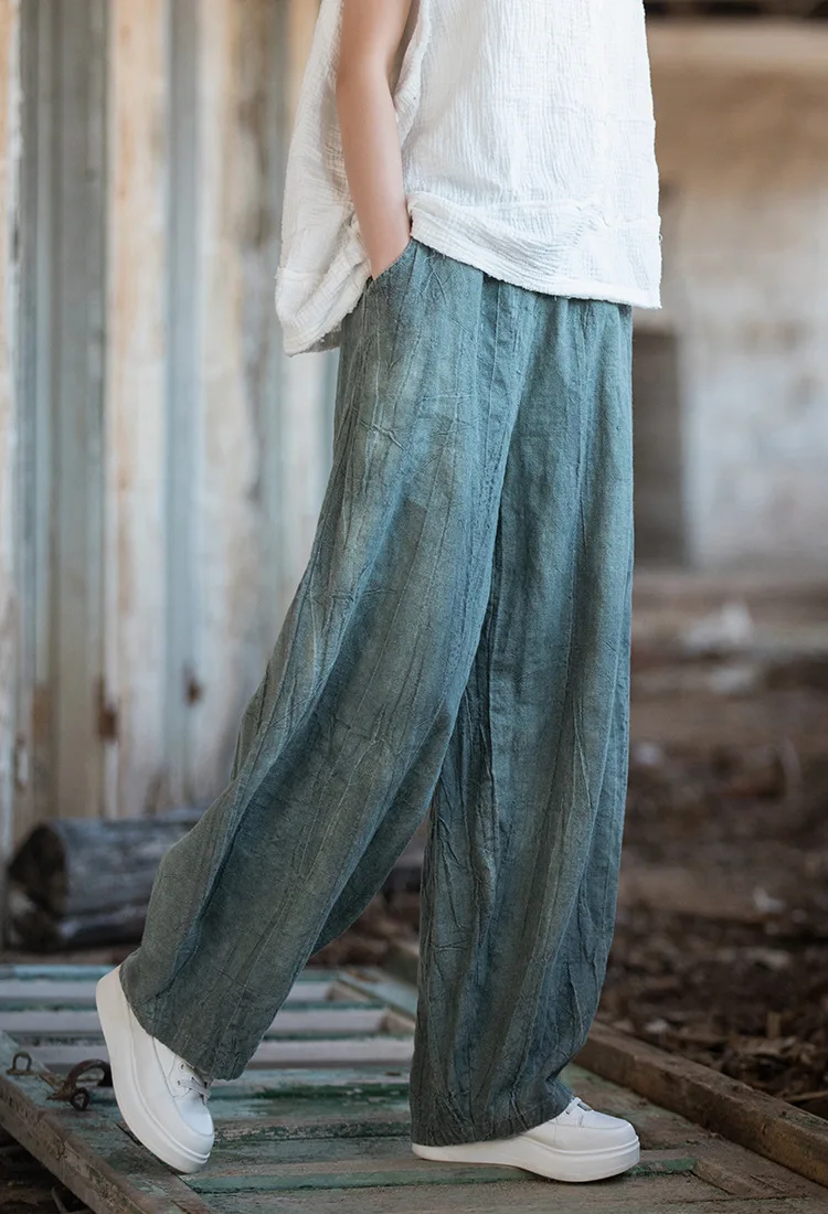 Women Elastic Waist Ramie Cotton Pants Ladies Vintage Spring Summer Trousers Female 2023 Bloomers