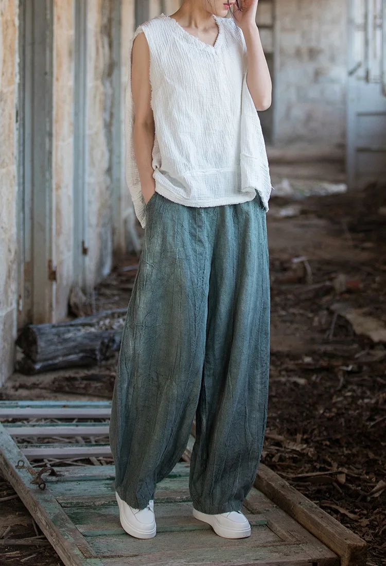 Women Elastic Waist Ramie Cotton Pants Ladies Vintage Spring Summer Trousers Female 2023 Bloomers