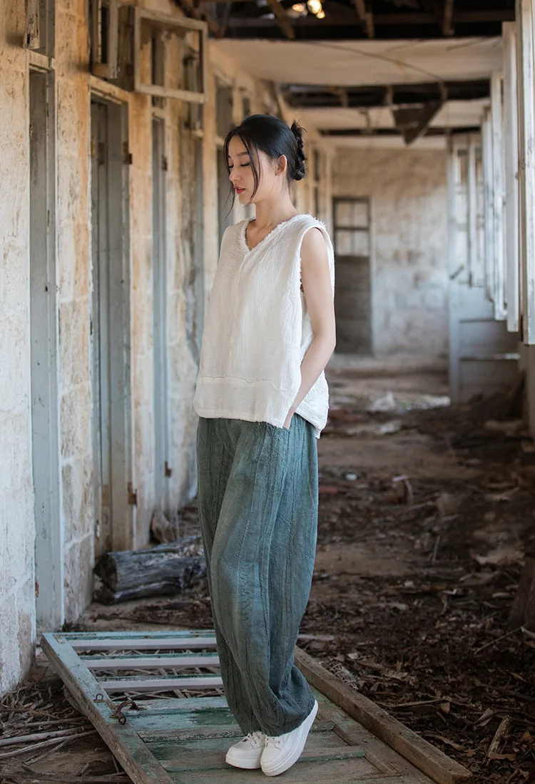 Women Elastic Waist Ramie Cotton Pants Ladies Vintage Spring Summer Trousers Female 2023 Bloomers