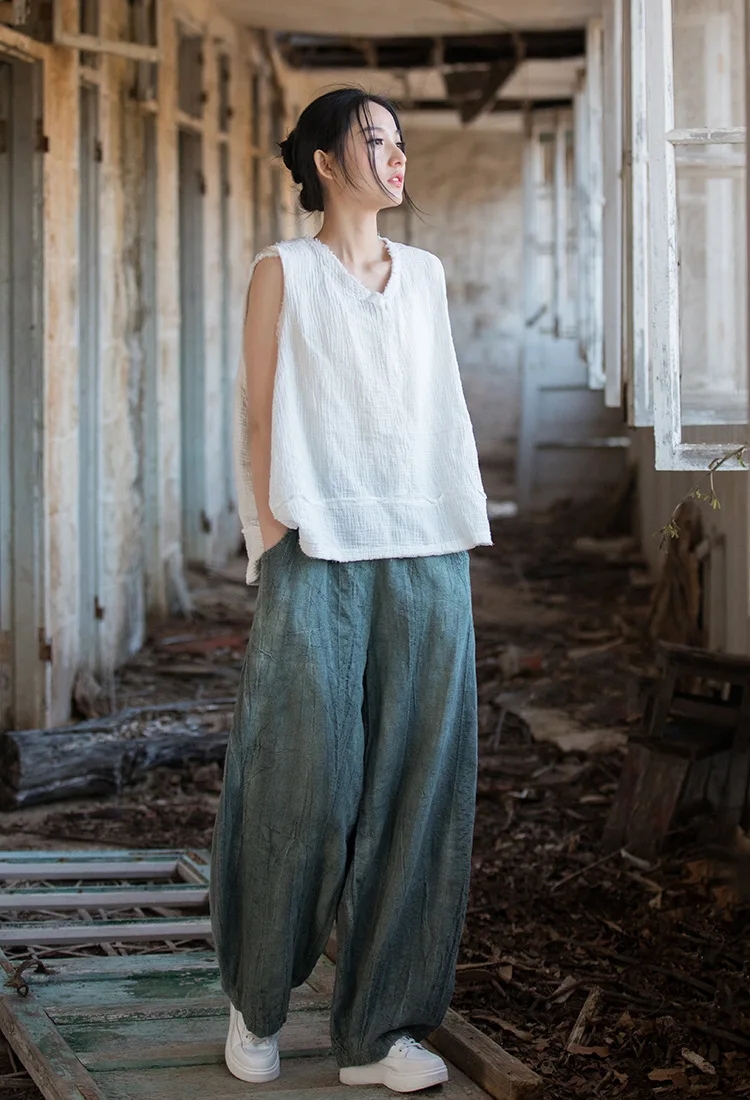 Women Elastic Waist Ramie Cotton Pants Ladies Vintage Spring Summer Trousers Female 2023 Bloomers