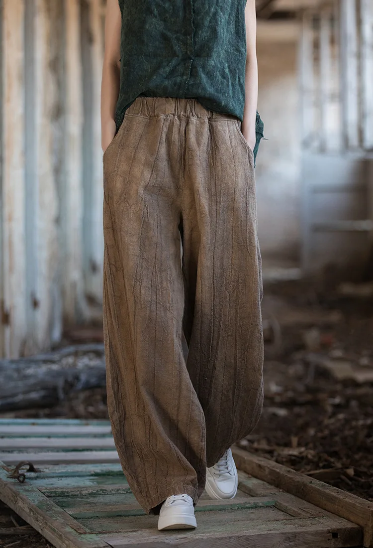 Women Elastic Waist Ramie Cotton Pants Ladies Vintage Spring Summer Trousers Female 2023 Bloomers