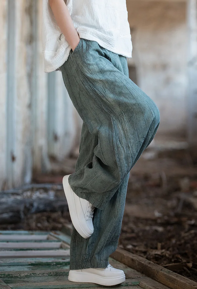Women Elastic Waist Ramie Cotton Pants Ladies Vintage Spring Summer Trousers Female 2023 Bloomers
