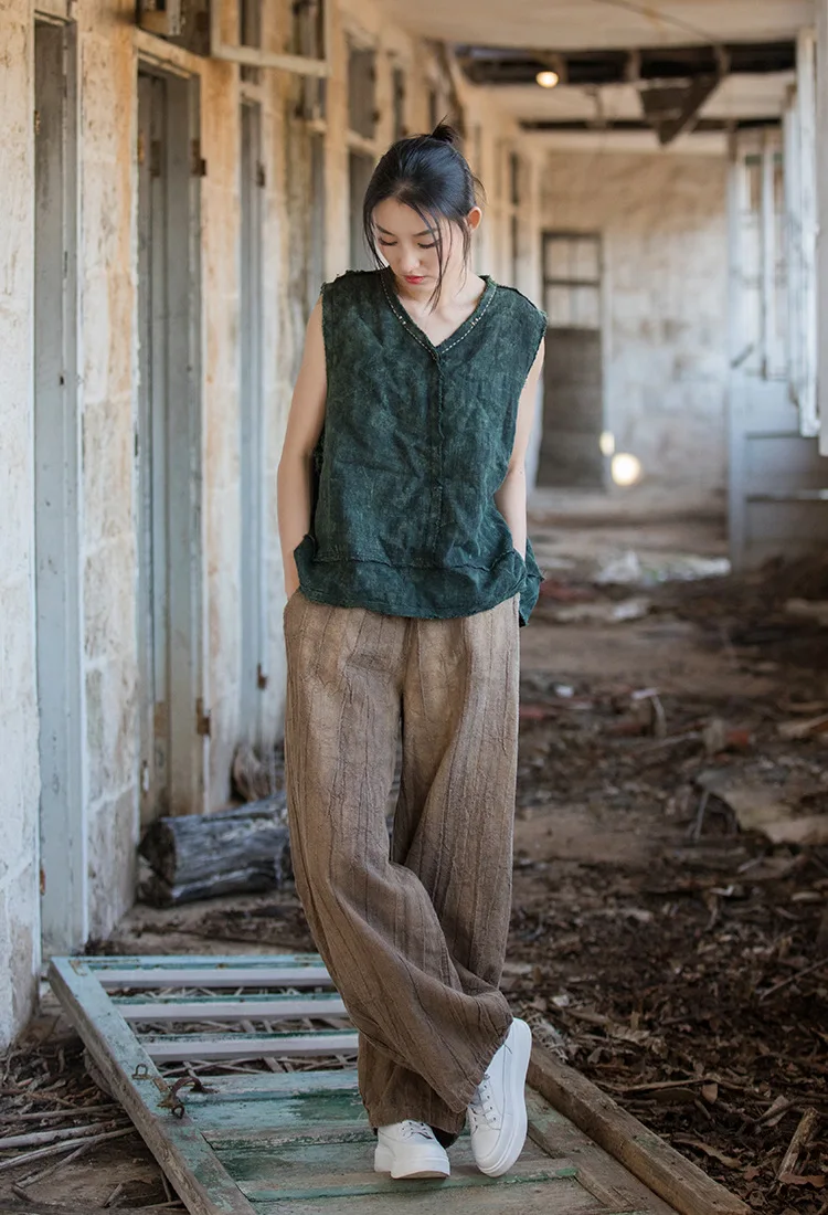 Women Elastic Waist Ramie Cotton Pants Ladies Vintage Spring Summer Trousers Female 2023 Bloomers