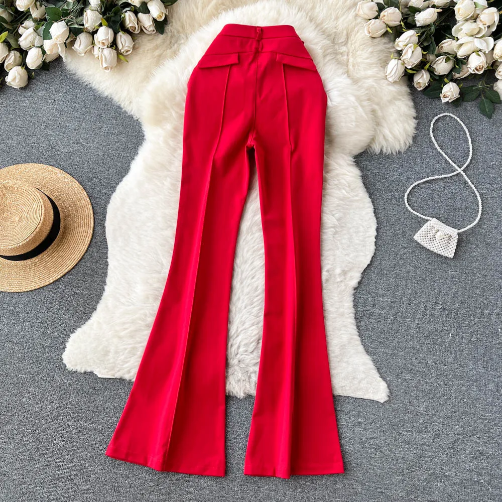 Spring Summer Vintage Long Pants Women Korean Style Chic High Waisted Office OL Flared Pants Solid Color Pleated Split Pants