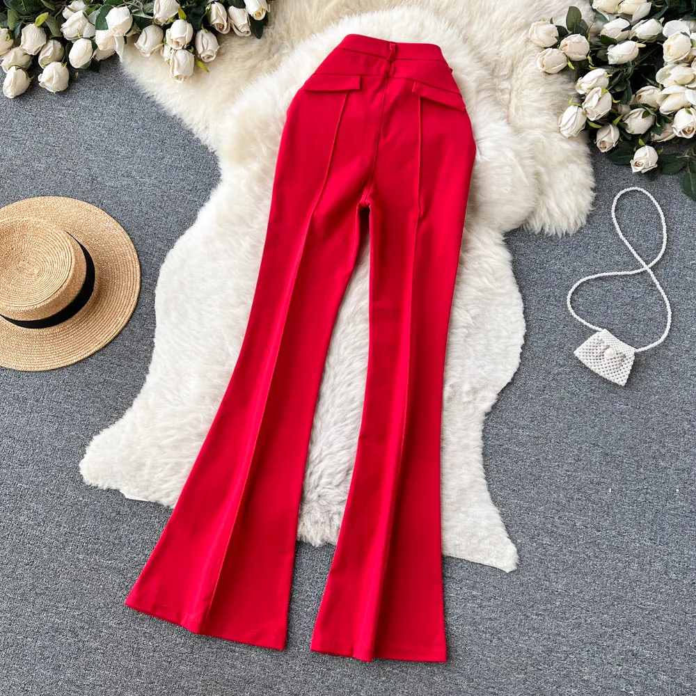 Spring Summer Vintage Long Pants Women Korean Style Chic High Waisted Office OL Flared Pants Solid Color Pleated Split Pants