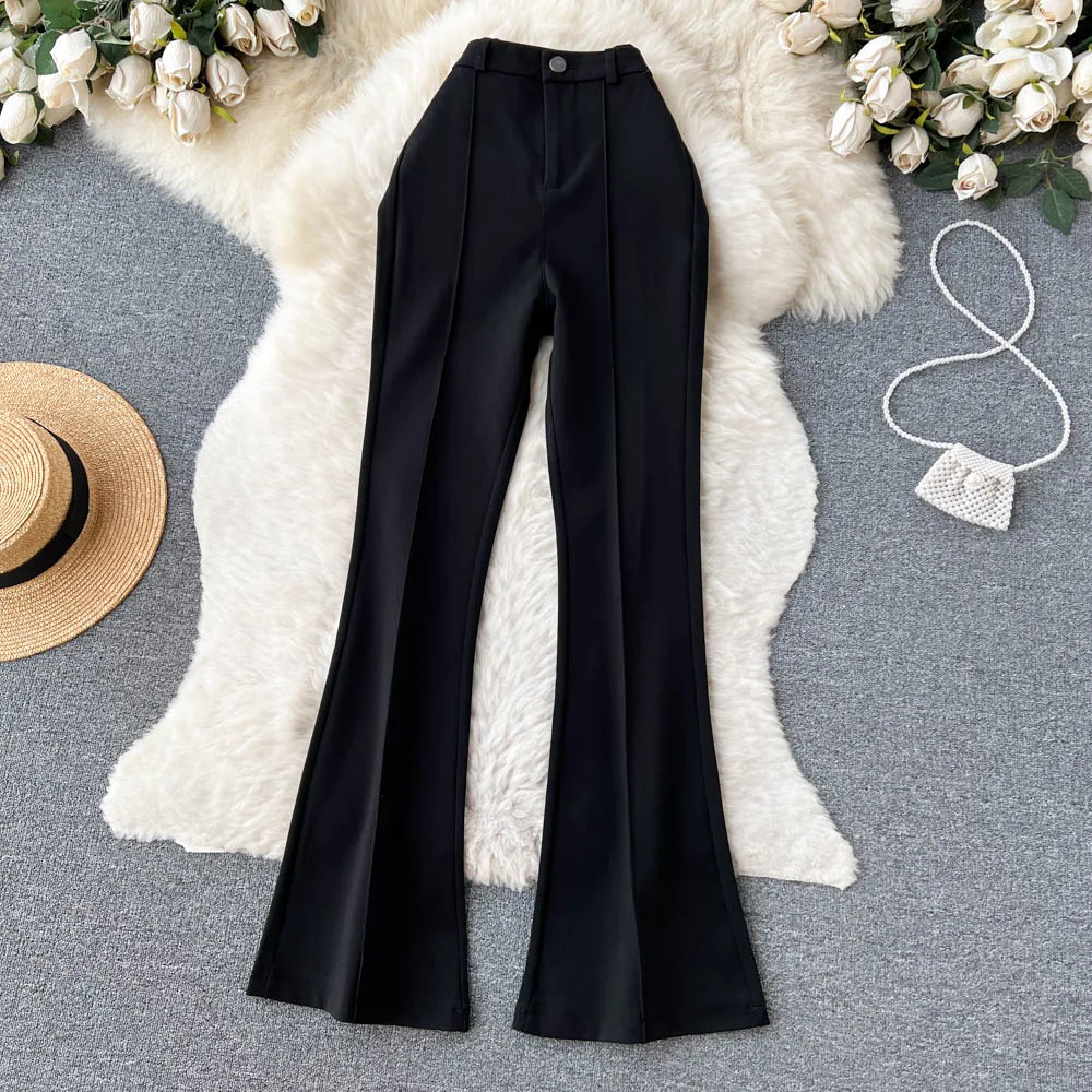 Spring Summer Vintage Long Pants Women Korean Style Chic High Waisted Office OL Flared Pants Solid Color Pleated Split Pants