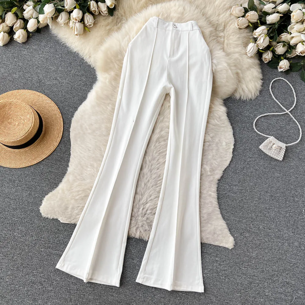 Spring Summer Vintage Long Pants Women Korean Style Chic High Waisted Office OL Flared Pants Solid Color Pleated Split Pants