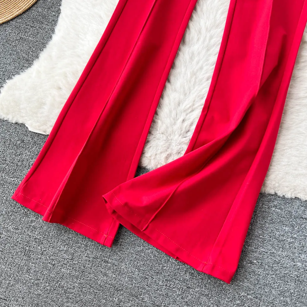 Spring Summer Vintage Long Pants Women Korean Style Chic High Waisted Office OL Flared Pants Solid Color Pleated Split Pants