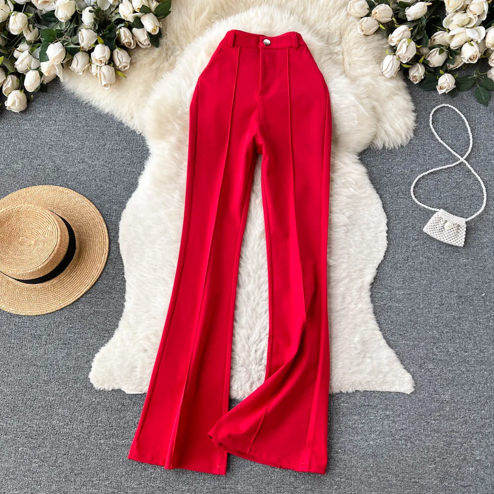 Spring Summer Vintage Long Pants Women Korean Style Chic High Waisted Office OL Flared Pants Solid Color Pleated Split Pants