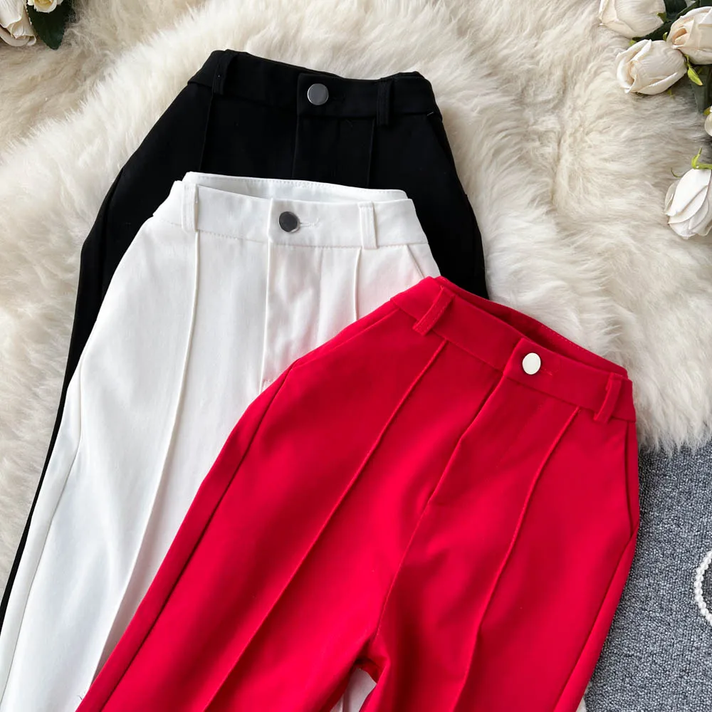 Spring Summer Vintage Long Pants Women Korean Style Chic High Waisted Office OL Flared Pants Solid Color Pleated Split Pants