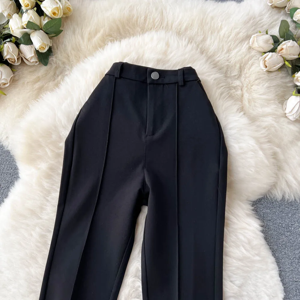 Spring Summer Vintage Long Pants Women Korean Style Chic High Waisted Office OL Flared Pants Solid Color Pleated Split Pants