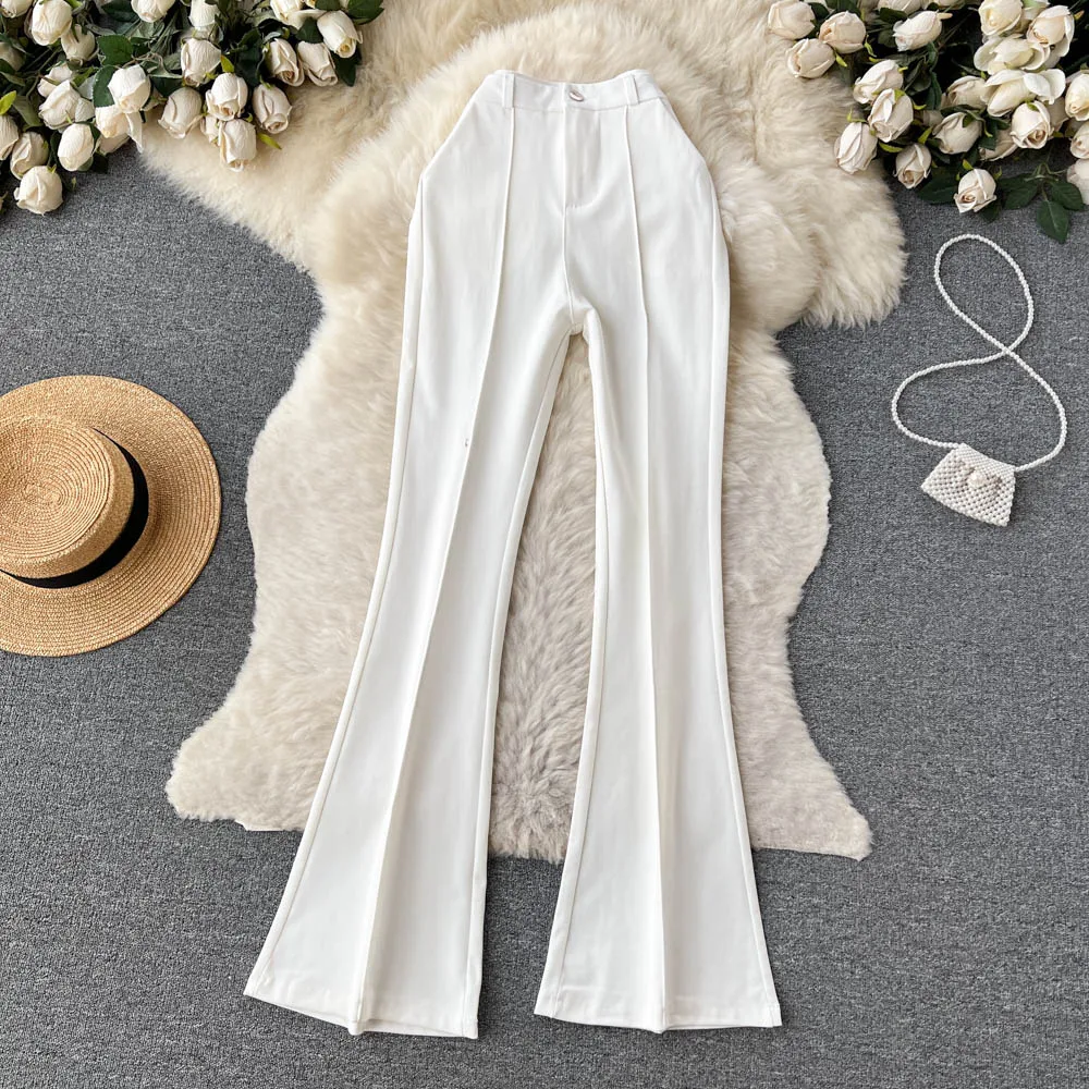 Spring Summer Vintage Long Pants Women Korean Style Chic High Waisted Office OL Flared Pants Solid Color Pleated Split Pants