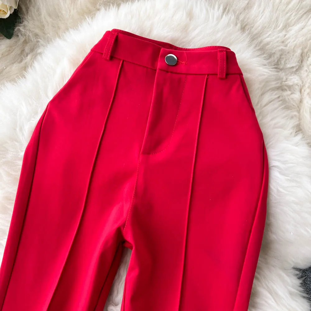 Spring Summer Vintage Long Pants Women Korean Style Chic High Waisted Office OL Flared Pants Solid Color Pleated Split Pants