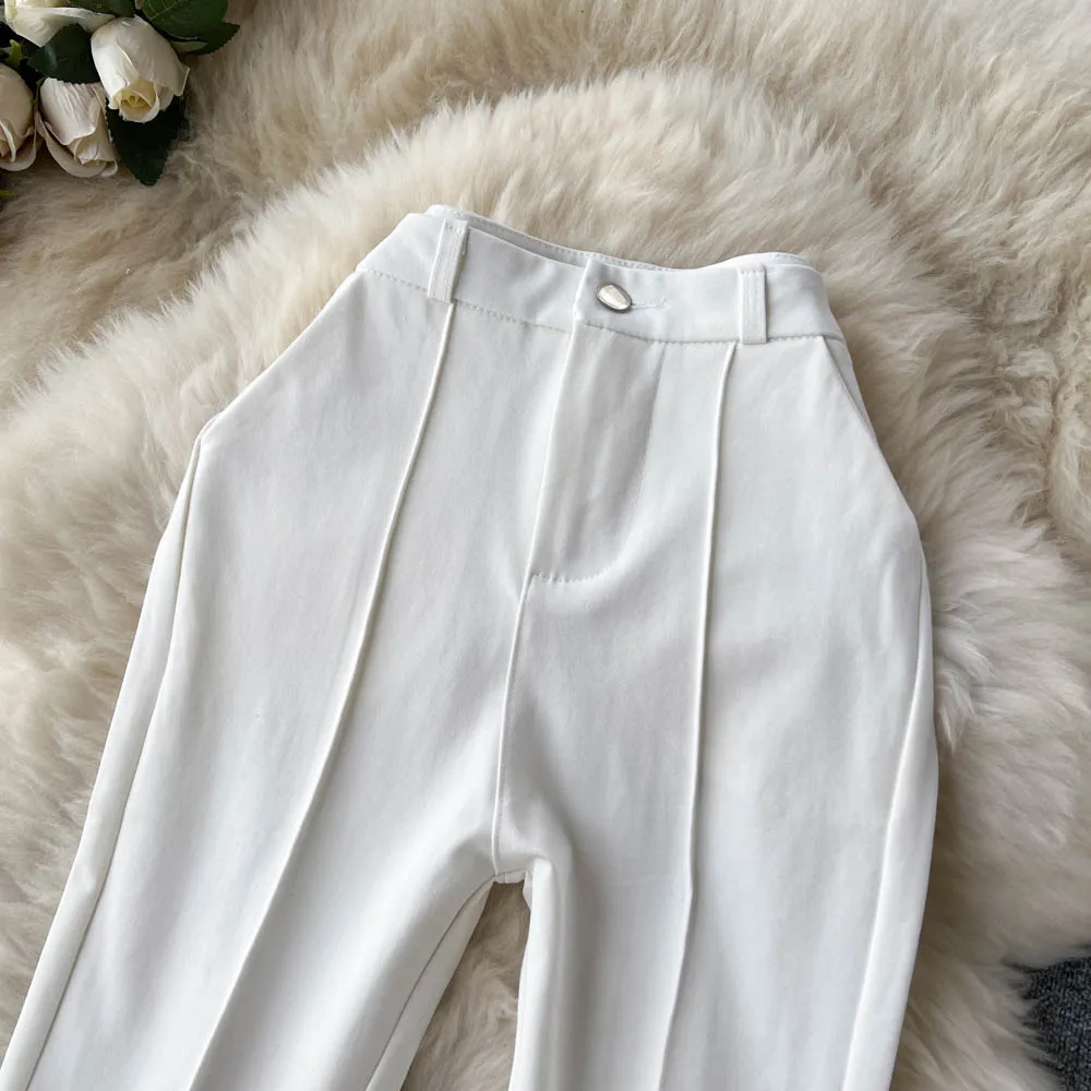 Spring Summer Vintage Long Pants Women Korean Style Chic High Waisted Office OL Flared Pants Solid Color Pleated Split Pants