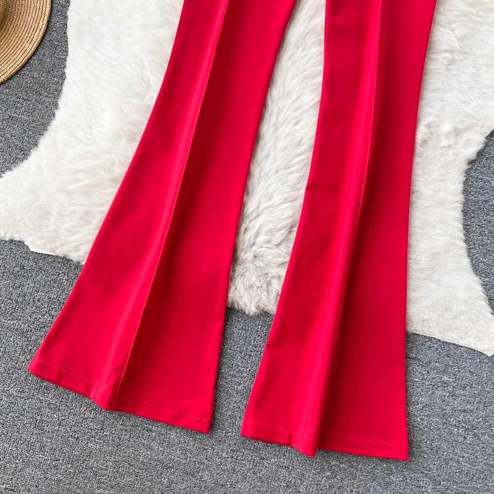 Spring Summer Vintage Long Pants Women Korean Style Chic High Waisted Office OL Flared Pants Solid Color Pleated Split Pants