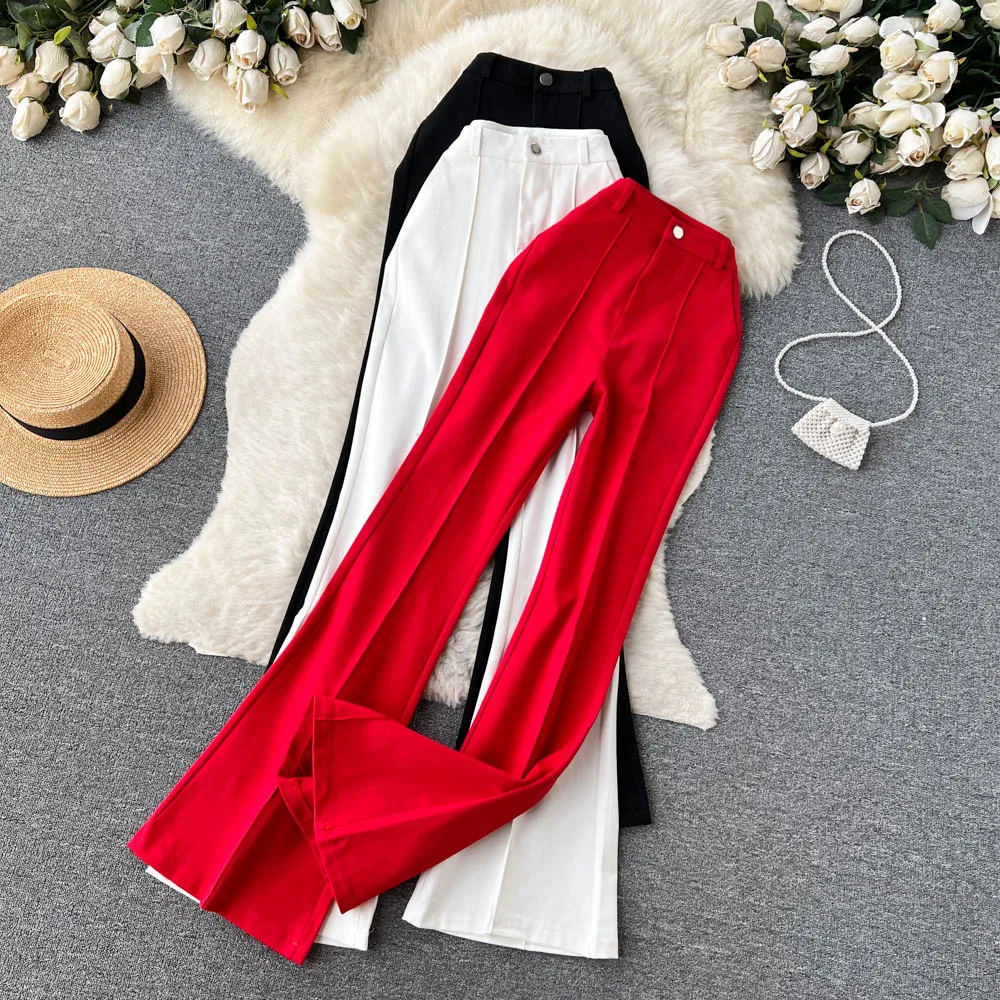 Spring Summer Vintage Long Pants Women Korean Style Chic High Waisted Office OL Flared Pants Solid Color Pleated Split Pants