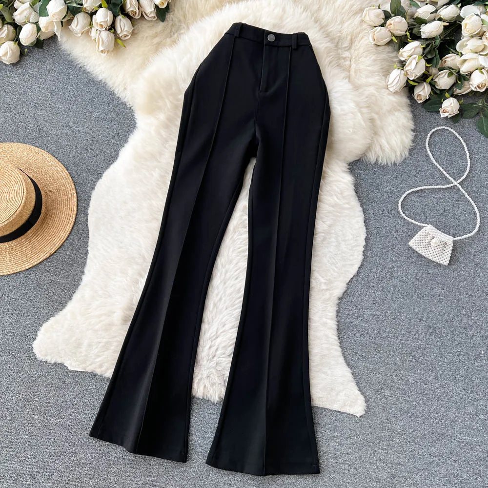 Spring Summer Vintage Long Pants Women Korean Style Chic High Waisted Office OL Flared Pants Solid Color Pleated Split Pants