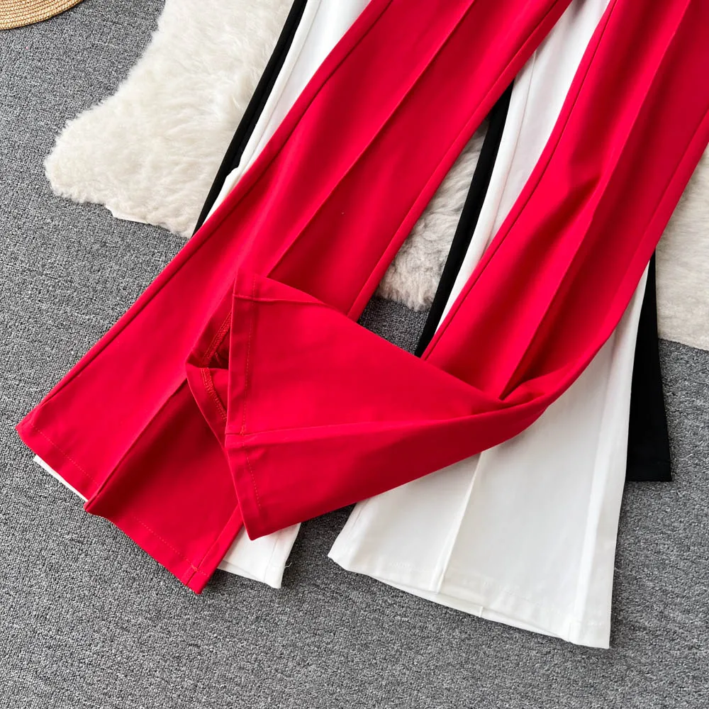 Spring Summer Vintage Long Pants Women Korean Style Chic High Waisted Office OL Flared Pants Solid Color Pleated Split Pants