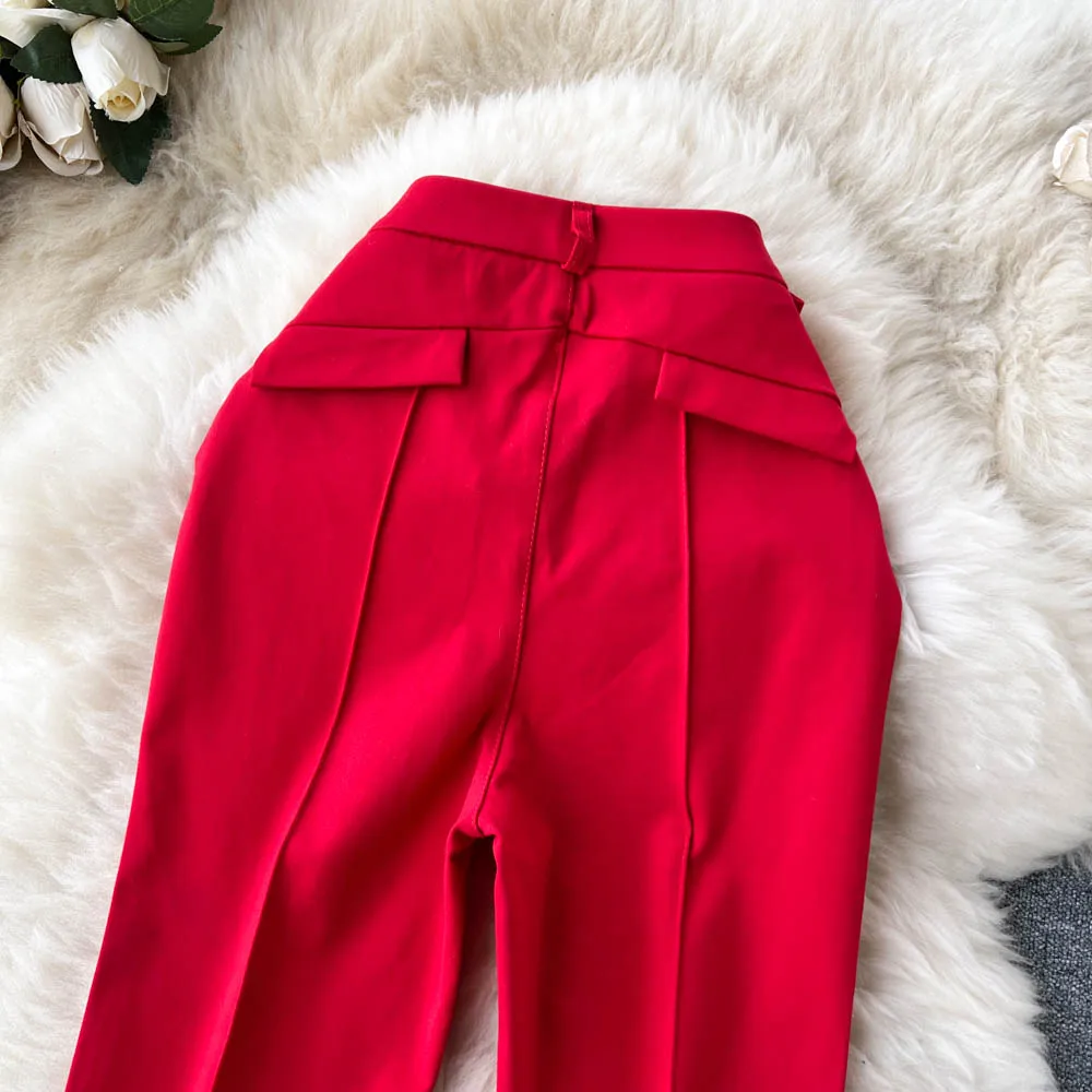 Spring Summer Vintage Long Pants Women Korean Style Chic High Waisted Office OL Flared Pants Solid Color Pleated Split Pants