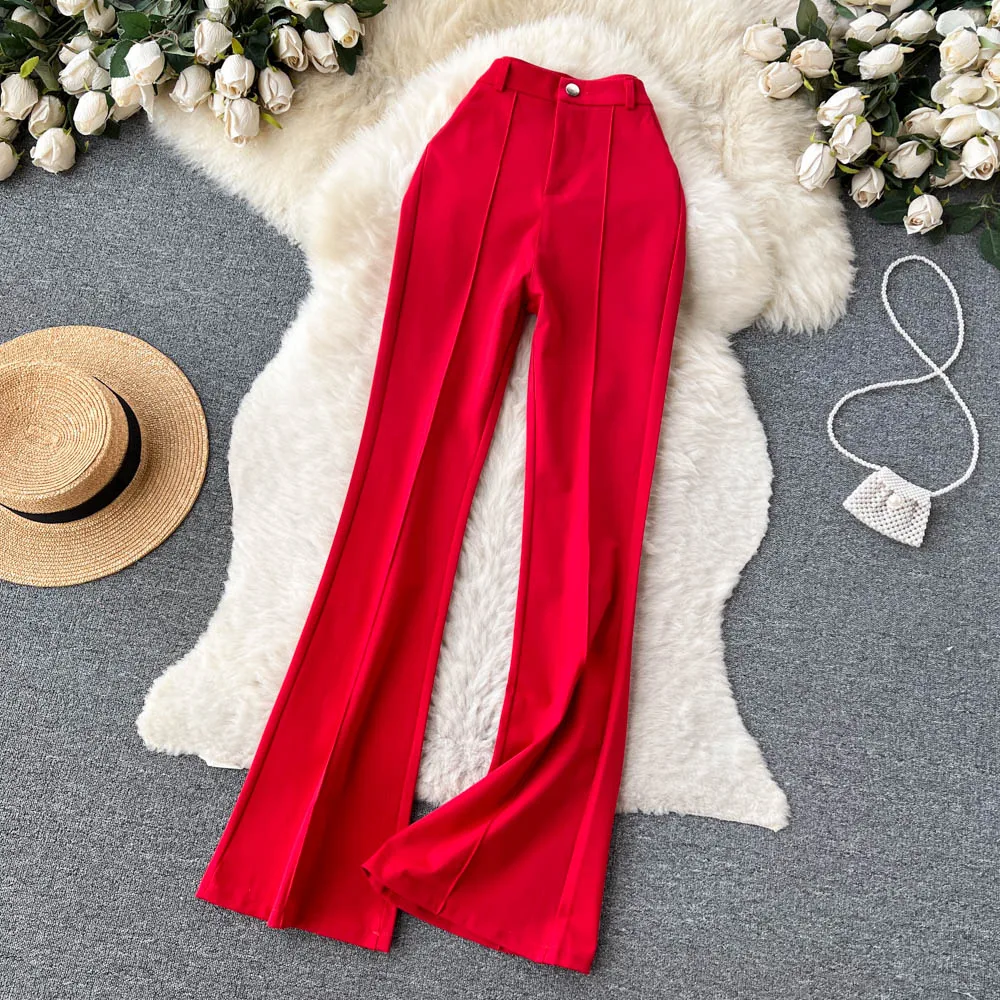 Spring Summer Vintage Long Pants Women Korean Style Chic High Waisted Office OL Flared Pants Solid Color Pleated Split Pants