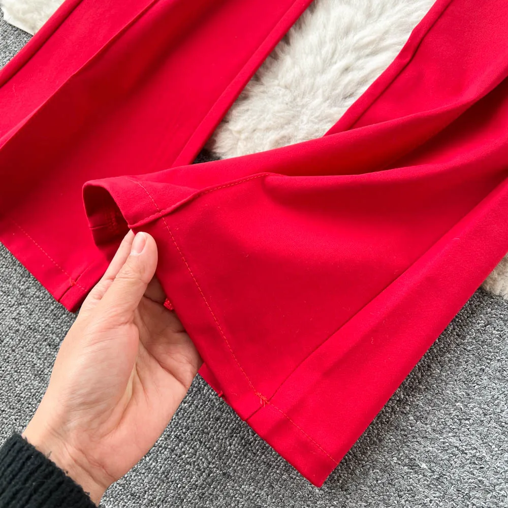 Spring Summer Vintage Long Pants Women Korean Style Chic High Waisted Office OL Flared Pants Solid Color Pleated Split Pants