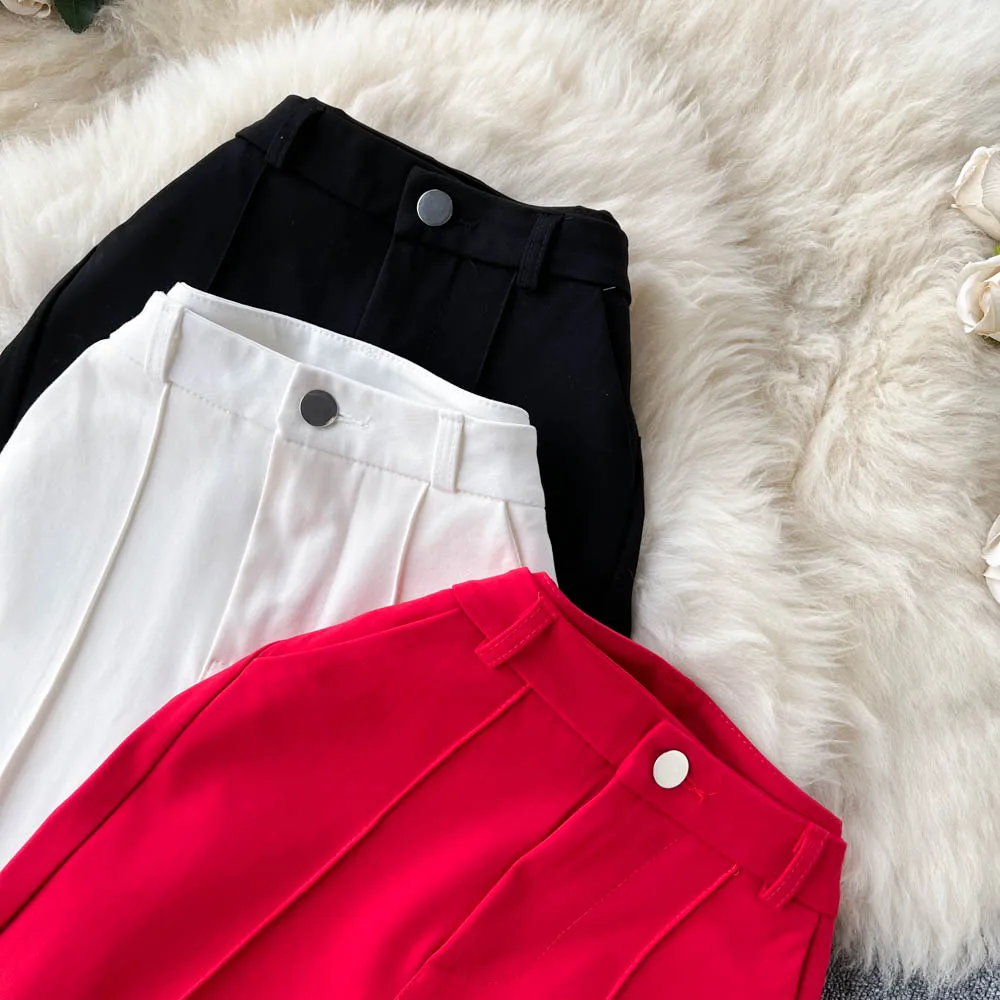 Spring Summer Vintage Long Pants Women Korean Style Chic High Waisted Office OL Flared Pants Solid Color Pleated Split Pants