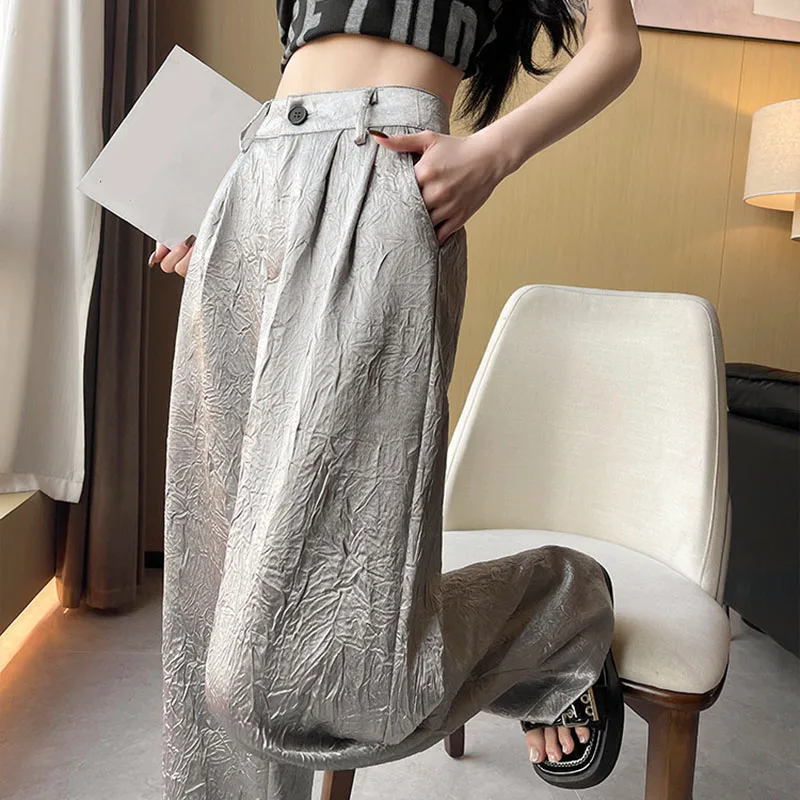 Fashion Wrinkled Design Straight Pants Women Summer High Waist Wide Leg Trousers Streetwear Gold Silver Loose Y2K Full Pants