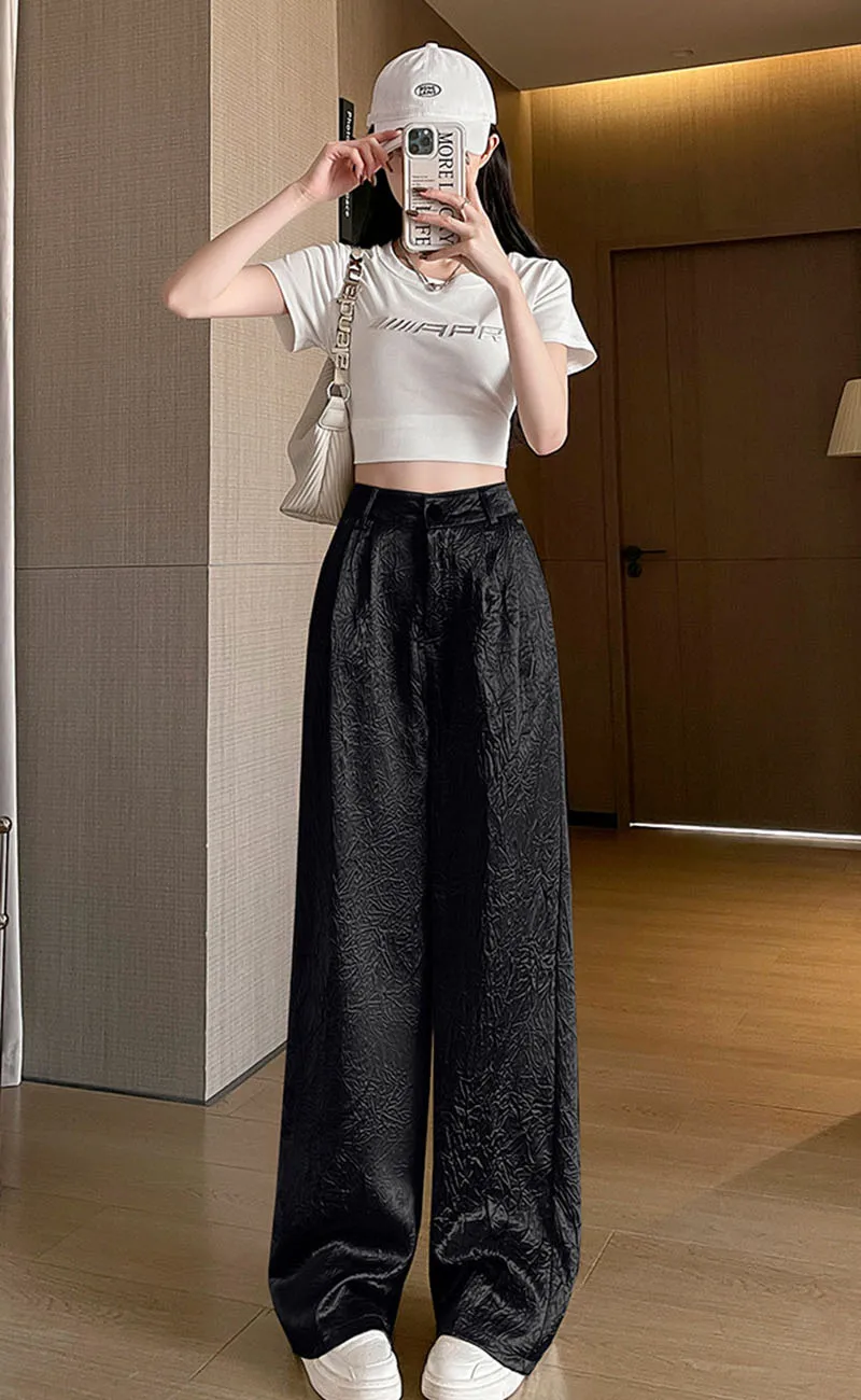 Fashion Wrinkled Design Straight Pants Women Summer High Waist Wide Leg Trousers Streetwear Gold Silver Loose Y2K Full Pants