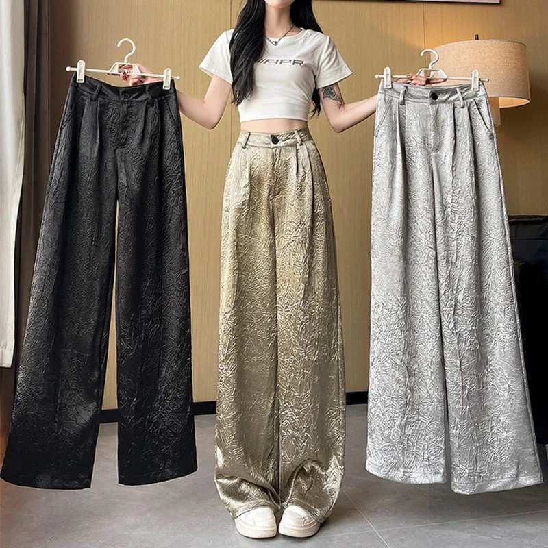 Fashion Wrinkled Design Straight Pants Women Summer High Waist Wide Leg Trousers Streetwear Gold Silver Loose Y2K Full Pants