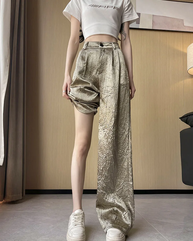 Fashion Wrinkled Design Straight Pants Women Summer High Waist Wide Leg Trousers Streetwear Gold Silver Loose Y2K Full Pants