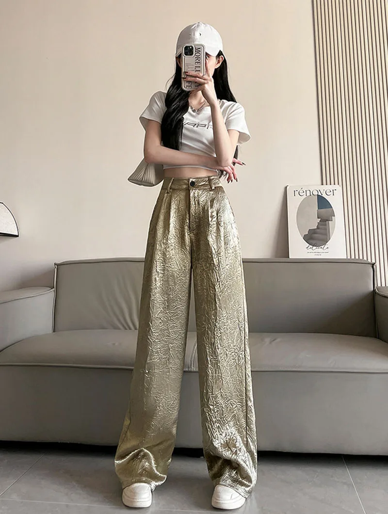 Fashion Wrinkled Design Straight Pants Women Summer High Waist Wide Leg Trousers Streetwear Gold Silver Loose Y2K Full Pants