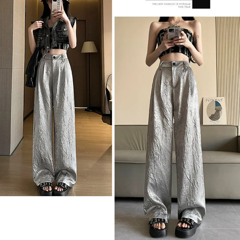 Fashion Wrinkled Design Straight Pants Women Summer High Waist Wide Leg Trousers Streetwear Gold Silver Loose Y2K Full Pants