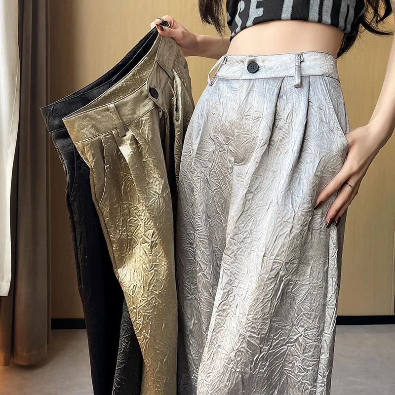 Fashion Wrinkled Design Straight Pants Women Summer High Waist Wide Leg Trousers Streetwear Gold Silver Loose Y2K Full Pants