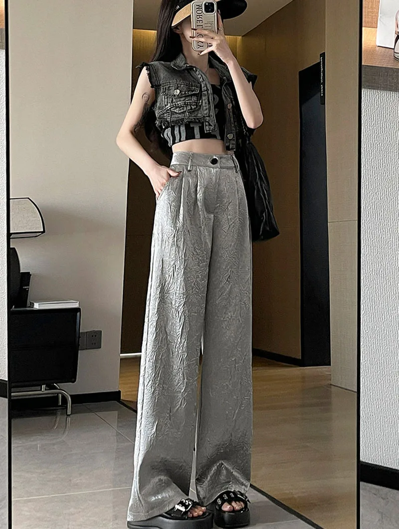 Fashion Wrinkled Design Straight Pants Women Summer High Waist Wide Leg Trousers Streetwear Gold Silver Loose Y2K Full Pants