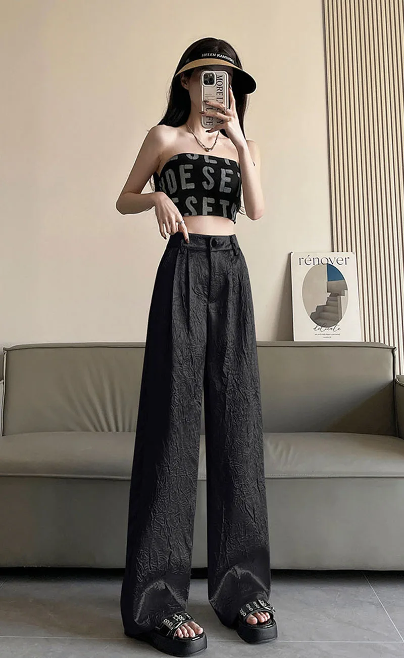 Fashion Wrinkled Design Straight Pants Women Summer High Waist Wide Leg Trousers Streetwear Gold Silver Loose Y2K Full Pants