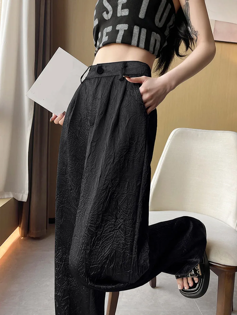 Fashion Wrinkled Design Straight Pants Women Summer High Waist Wide Leg Trousers Streetwear Gold Silver Loose Y2K Full Pants