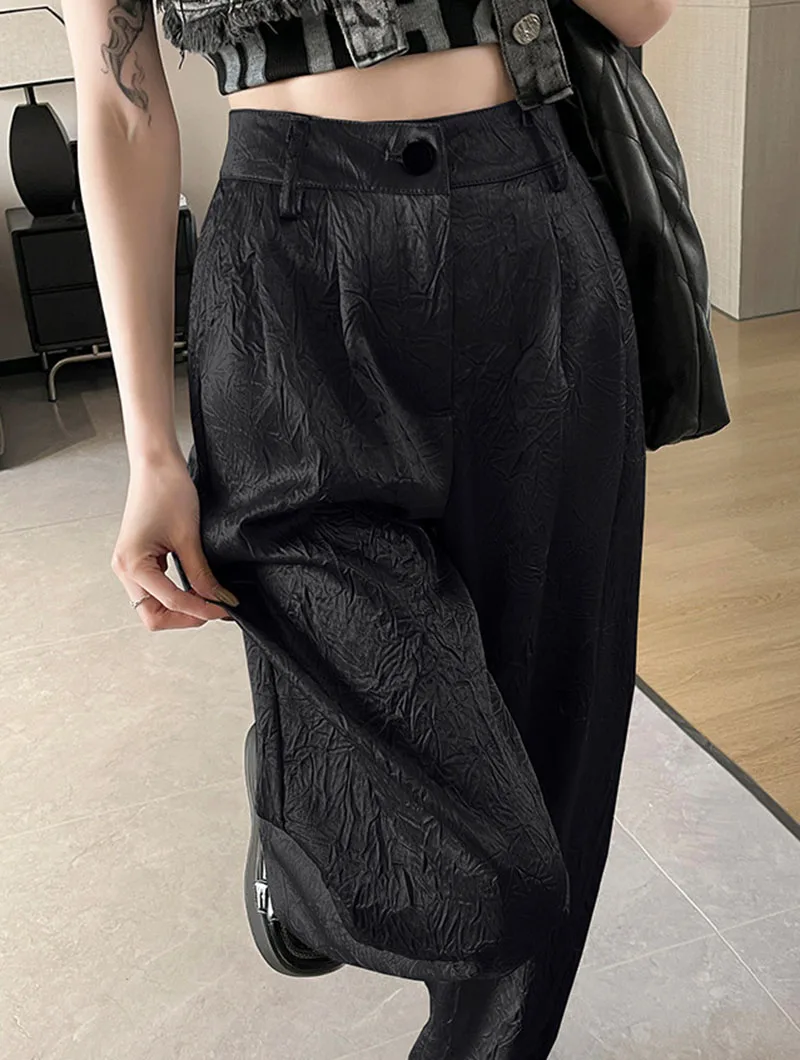 Fashion Wrinkled Design Straight Pants Women Summer High Waist Wide Leg Trousers Streetwear Gold Silver Loose Y2K Full Pants
