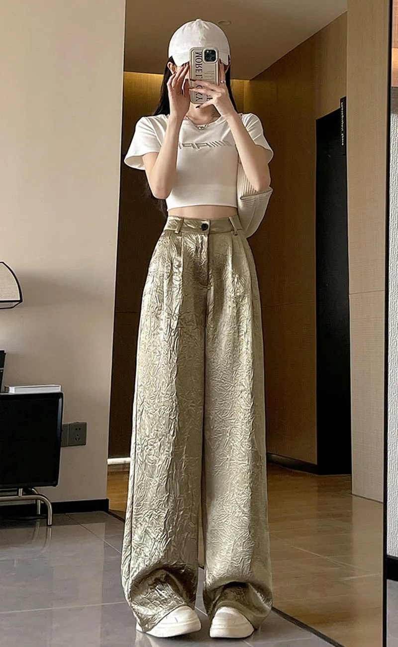 Fashion Wrinkled Design Straight Pants Women Summer High Waist Wide Leg Trousers Streetwear Gold Silver Loose Y2K Full Pants
