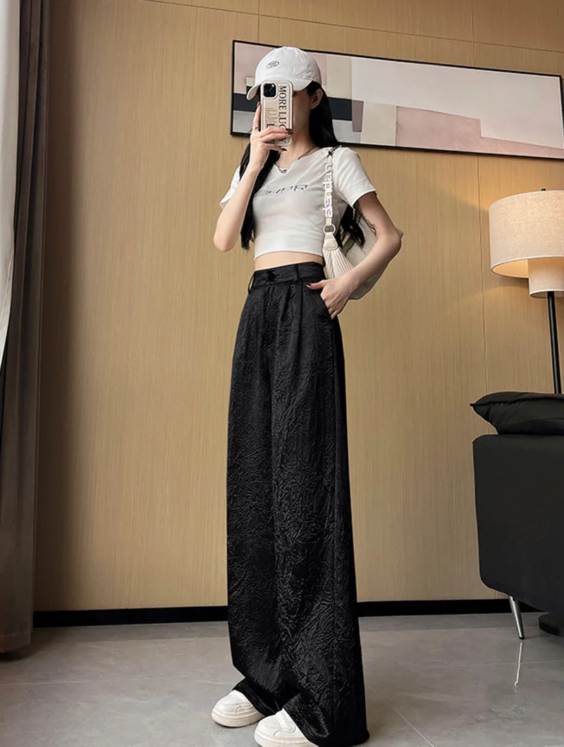 Fashion Wrinkled Design Straight Pants Women Summer High Waist Wide Leg Trousers Streetwear Gold Silver Loose Y2K Full Pants