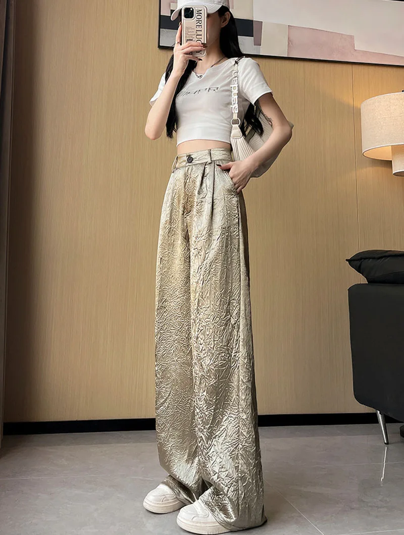 Fashion Wrinkled Design Straight Pants Women Summer High Waist Wide Leg Trousers Streetwear Gold Silver Loose Y2K Full Pants
