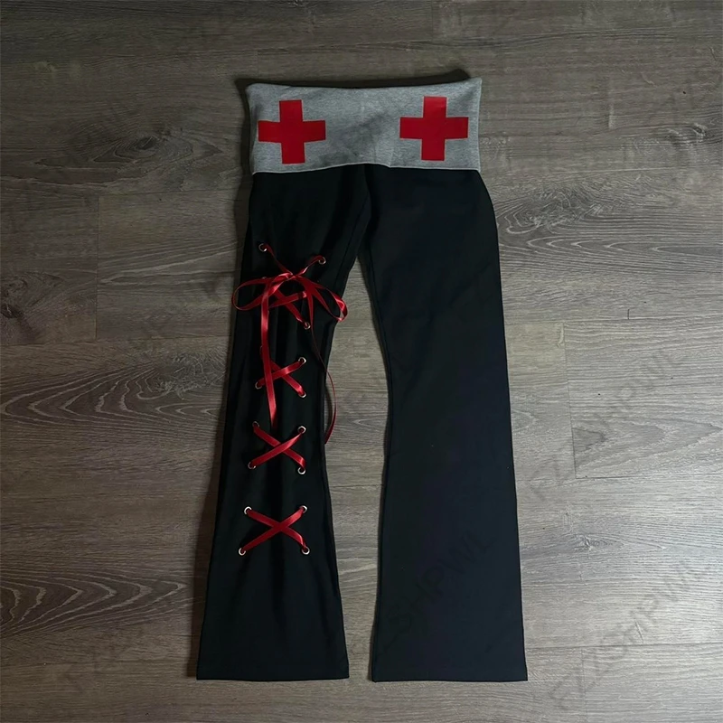 Gothic Punk Rock Women's Trousers Sexy Slim Fit Casual Chic Printed Lace-up High-Waisted Pants Emo Harajuku Y2K Hotties Bottoms