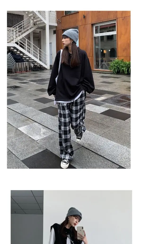 Black and White Plaid pants Oversize New Women Casual Loose Wide Leg Trousers Ins Retro Teen Straight Trousers Hiphop Streetwear