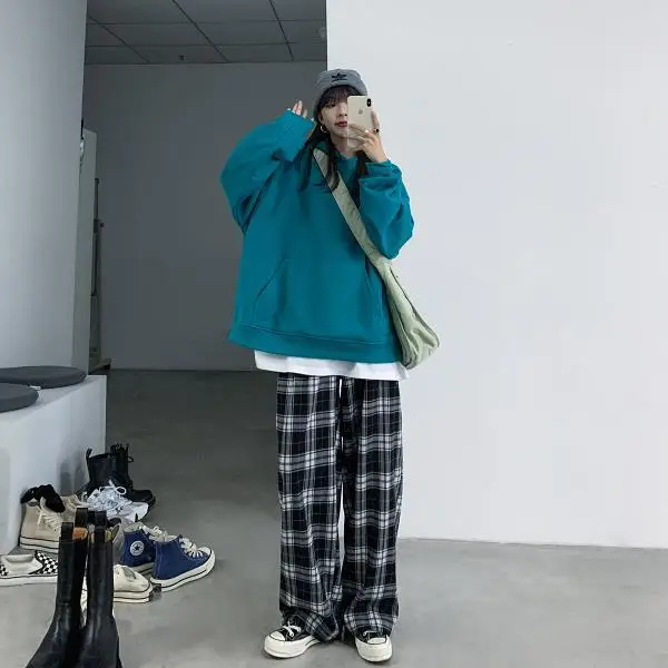 Black and White Plaid pants Oversize New Women Casual Loose Wide Leg Trousers Ins Retro Teen Straight Trousers Hiphop Streetwear