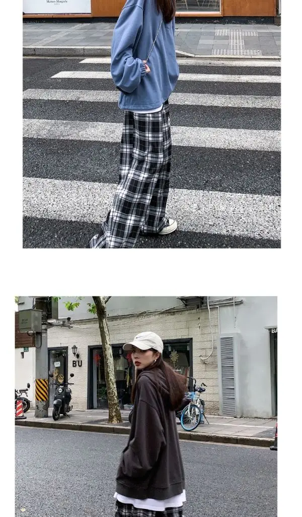 Black and White Plaid pants Oversize New Women Casual Loose Wide Leg Trousers Ins Retro Teen Straight Trousers Hiphop Streetwear