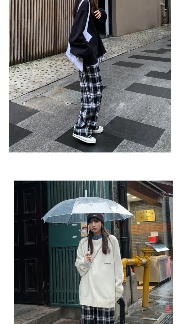 Black and White Plaid pants Oversize New Women Casual Loose Wide Leg Trousers Ins Retro Teen Straight Trousers Hiphop Streetwear