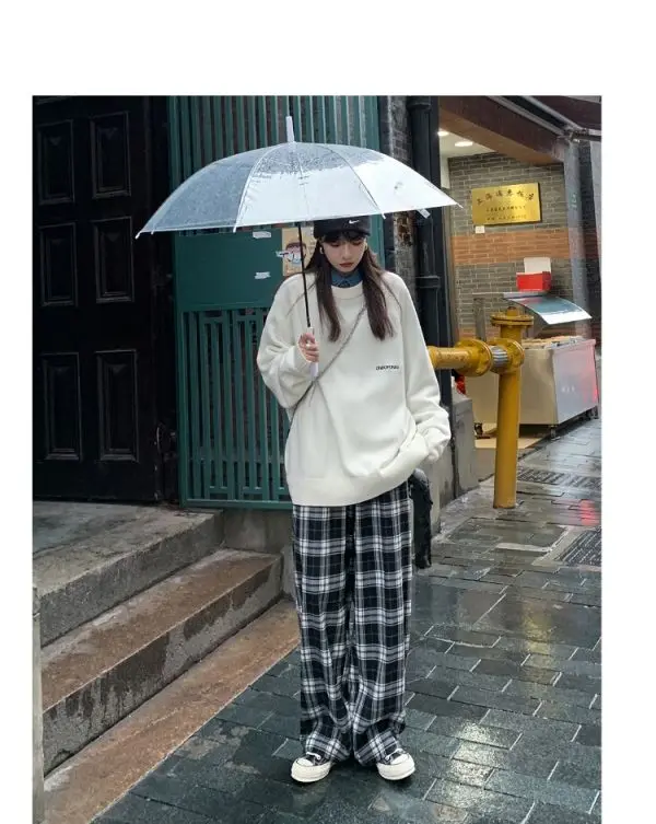 Black and White Plaid pants Oversize New Women Casual Loose Wide Leg Trousers Ins Retro Teen Straight Trousers Hiphop Streetwear